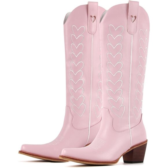 Shoes - Women's Cream Hearts Cute Embroidery Chunky Knee Block High Heel Western Boots